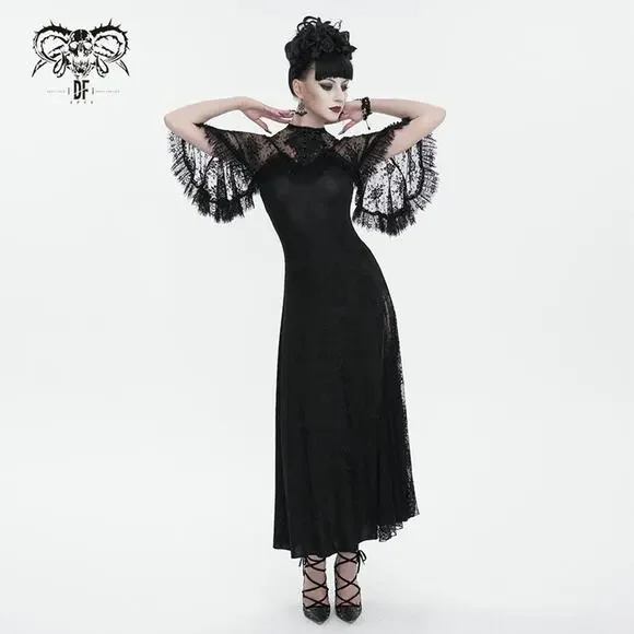 Devil Fashion Gothic Victorian 1930s 'Birds of a Feather' Lace Maxi Gown Dress - Picture 11 of 16